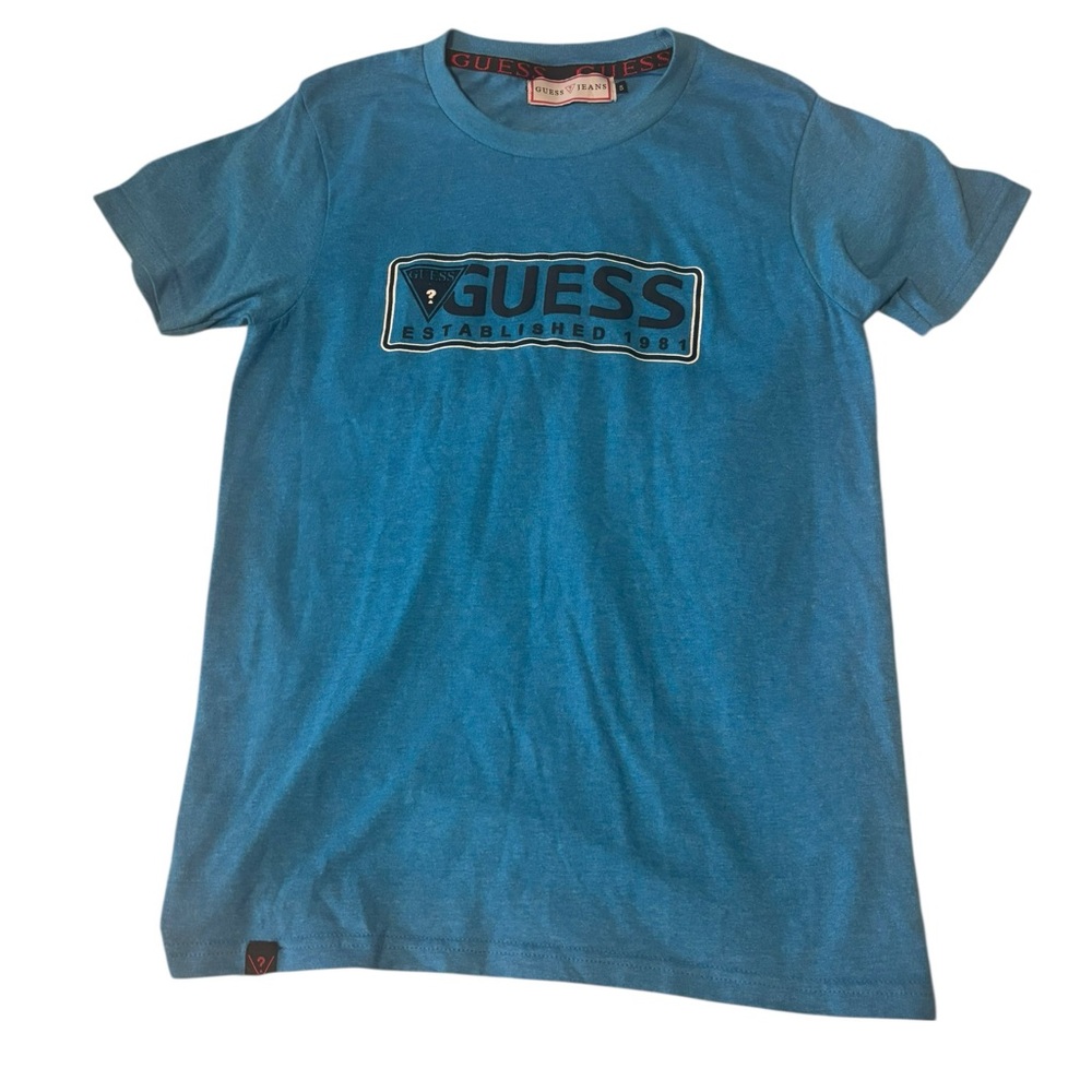 GUESS Men’s S Teal Blue Logo Crewneck Tee Thick Quality